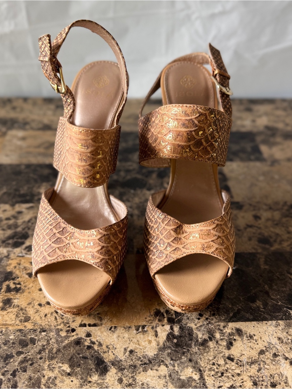 Isola Womenβs size 8.5 Metallic Copper Platform Sandals -